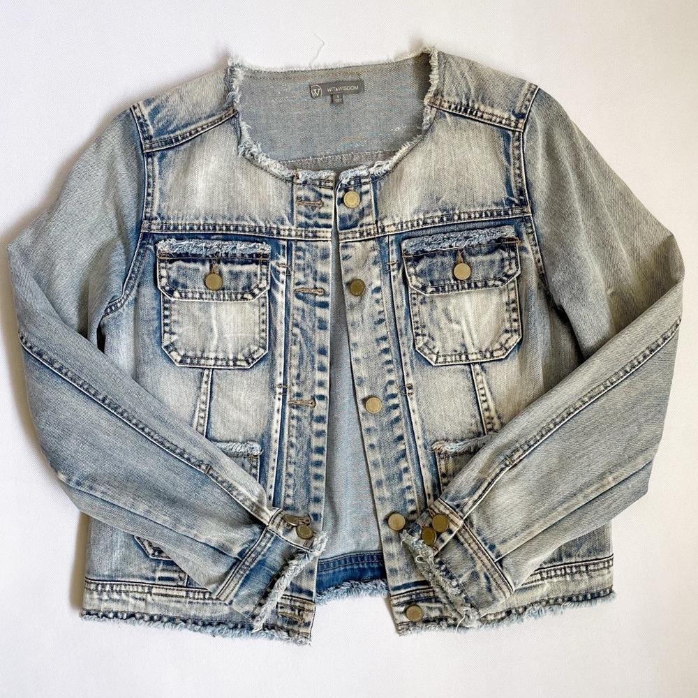 Wit & Wisdom Boho UrbanStreetwear Raw Hem Acid Wash Denim Jacket - Picture 5 of 13